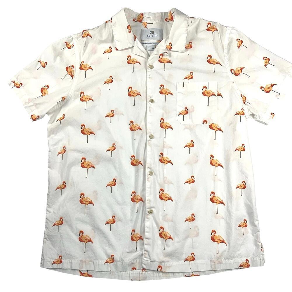 28 Palms 100% Cotton Pink Flamingos Hawaiian Shirt Size L